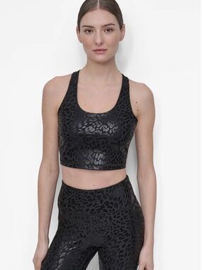 DKNY Racer Back Black Leopard-Texture Sports Long Lined Bra
